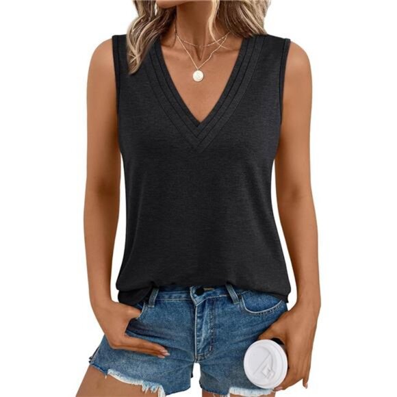 V Neck Tank Tops Womens Casual Sleeveless Flowy Vacation Summer Shirts - Picture 1 of 6